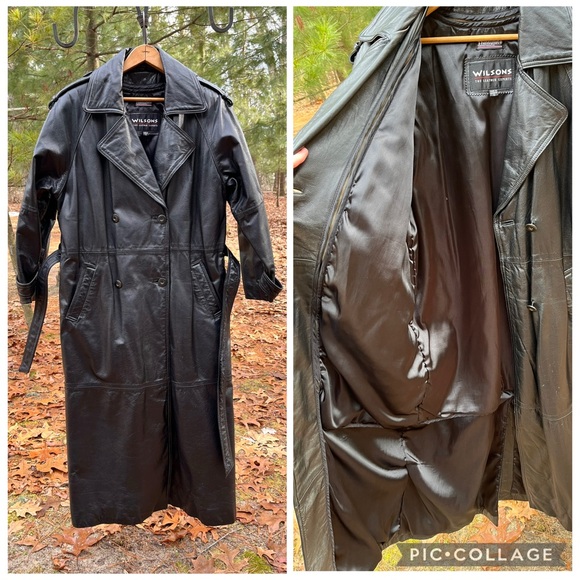 90s Wilsons Leather Maxi Trench Coat Black Men’s Size S - Picture 3 of 16